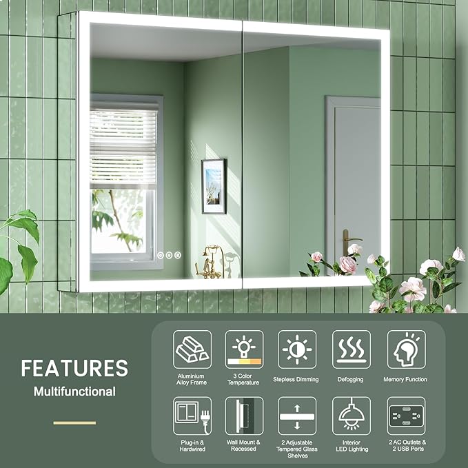 40x30 Inch Medicine Cabinet with Lights, AL Alloy Frame, Plug-in or Hardwired, Recessed or Wall Mount, Mirror Doors/3 Colors/Dimmable/Interior Sensor Light/Defog,2 Outlets & USBs,2 Shelves