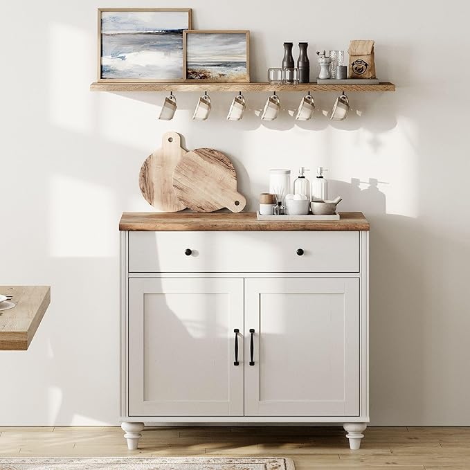 WAMPAT 34’‘ White Buffet Cabinet with Doors and Drawer, Wood Kitchen Storage Cabinet Modern Farmhouse Coffee Bar Table Sideboard Credenza for Dining Room