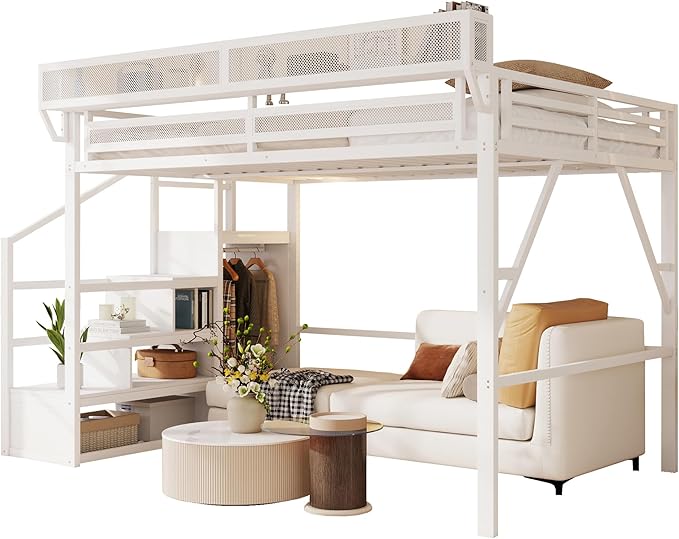 Mirightone Queen Size Loft Bed with Stairs and Storage, Metal Loft Bed Frame with Bedside Shelf and Large Under-Bed Space, Heavy-Duty Loft Beds for Adults Teens and Kids, Convertible Staircase, White