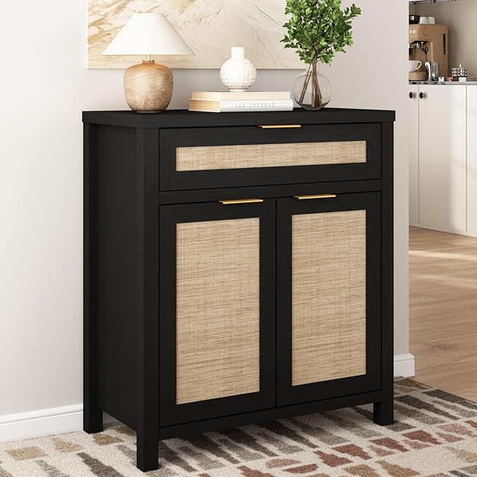 HOKYHOKY 2 Piece Rattan Sideboard Buffet Cabinet, Boho Storage Cabinet with Adjustable Shelves, Farmhouse Credenza Coffee Bar Cabinets with Doors & Drawers for Living Room, Hallway&Kitchen