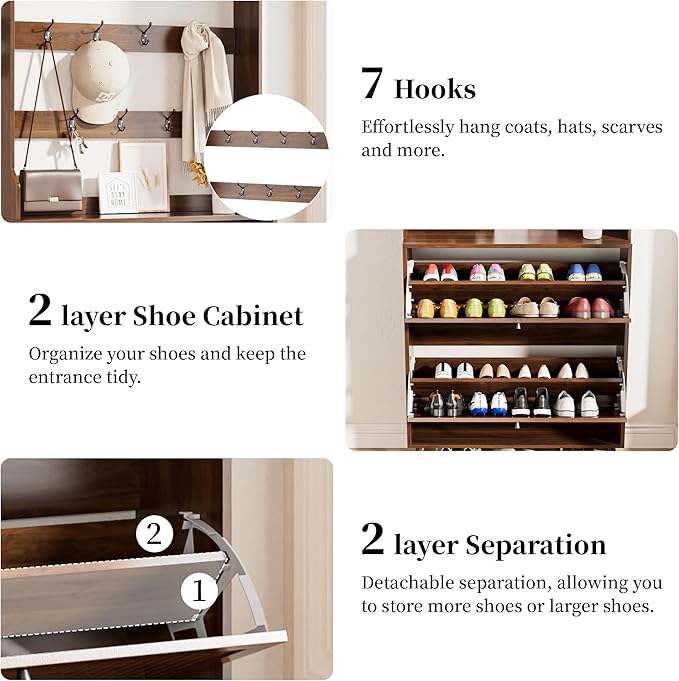 Fsbecl Shoe Cabinet for Entryway with 2 Flip Drawers & Coat Rack, Narrow Hidden Shoe Storage Cabinet with Fluted Panel, 2-in-1 Hall Tree Slim Freestanding Shoe Rack Organizer for Hallway, Walnut