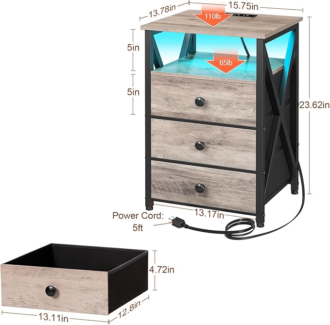 AMHANCIBLE Night Stand Set 2, LED Nightstand with Charging Station, End Side Tables with USB Port & Outlet, Bedside Table with 3 Fabric Drawers for Bedroom, Greige, HET053LGY