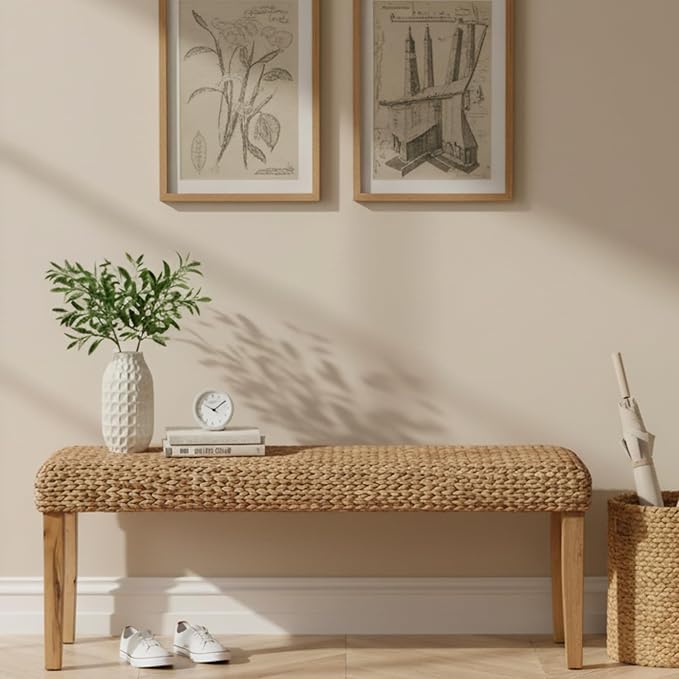 Solid Wood Acacia Indoor Bench with Natural Woven Seat, 47 Inch Wood Bench for Living Room or Entryway Benc, Bedroom End of Bed Bench or Dining Benches, Window Bench (Fishbone, Water Hyacinth)