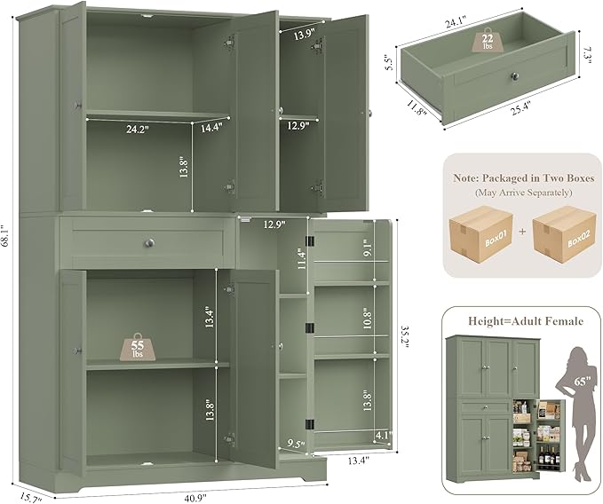 HOSTACK 68" Tall Kitchen Pantry Storage Cabinet, Modern Kitchen Hutch Cabinet with Doors and Shelves, Freestanding Food Pantry with Large Storage Drawer for Dining Room, Living Room, Green