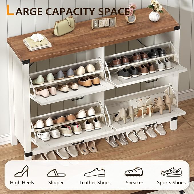 YOMILUVE Shoe Storage Cabinet with 4 Flip Drawers, Farmhouse Shoe Cabinet for Entryway, Slim Shoe Rack Freestanding Shoe Organizer with Barn Door, Brown and White