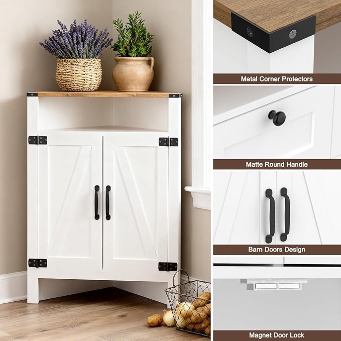 M METERXITY Bathroom Corner Cabinet, Farmhouse Corner Cabinet with Barn Doors, Adjustable Shelf, Small Storage Cabinet Corner for Kitchen, Pantry, Dining, Living, Entryway, Rustic