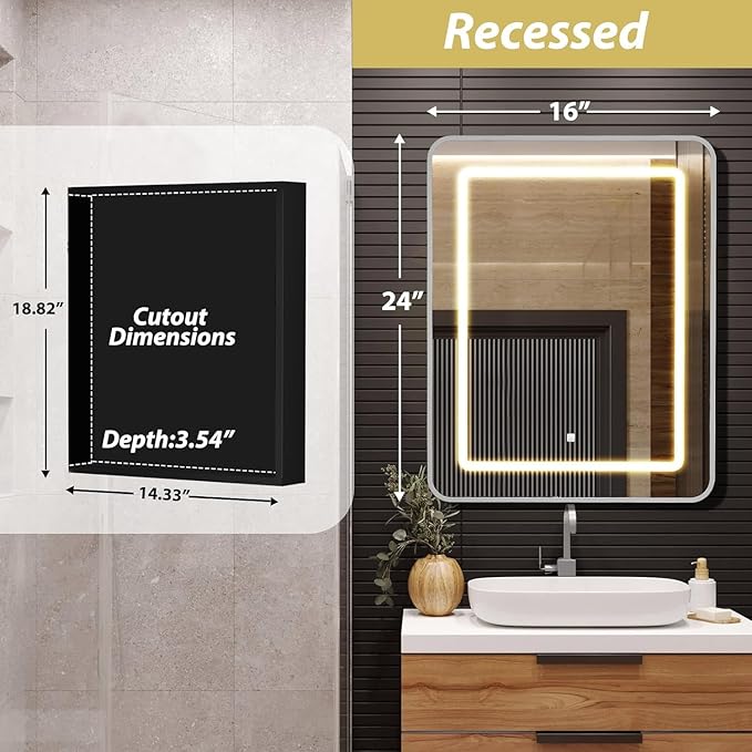 ROOMTEC 16 x 24 Inch Medicine Cabinet Mirror with LED Lights, Silver Bathroom Medicine Cabinet with Mirror and Storage, Recessed or Wall Mount, 3 Color Temperature, Dimmable Light