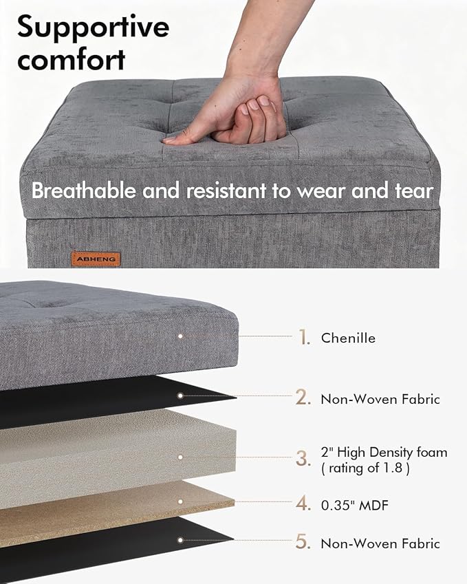 ABHENG Chenille Cover Steel Frame Ottoman with 48L Storage,17.7" x 17.7" x 17.7" Square Linen Storage Ottoman Stool Cube with Legs,for Dorm Livingroom Gray UASND641G