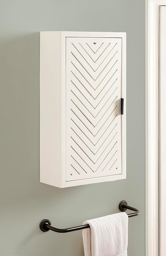 Kate and Laurel Mezzeta Decorative Modern One-Door Floating Bathroom Cabinet, 15 x 7 x 28, White, Decorative Over Toilet Storage Cabinet Made from Solid Mango Wood with Slatted Chevron Design