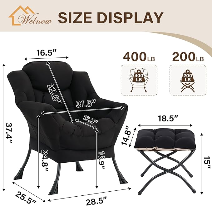 Welnow Lazy Chair with Ottoman, Modern Accent Chair with Armrests and a Side Pocket, Leisure Sofa Armchair Set, Reading Armchair with Footrest for Small Space, Black