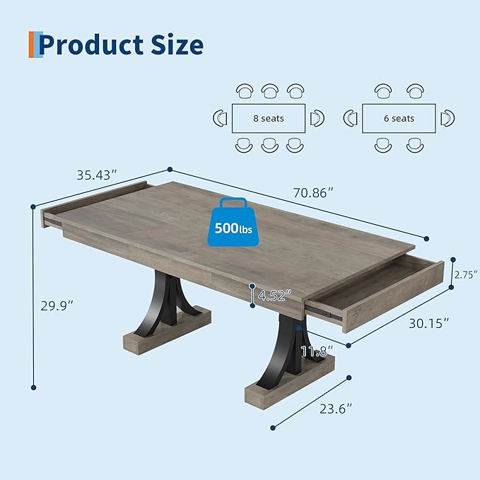Garvee 71-Inch Dining Table with 2 Drawers,Rectangular Dining Table for 6-8 with Double Pedestal & Sturdy Frame, Industrial Wooden Kitchen Table with Large Tabletop, for Dinner, Rustic Gray