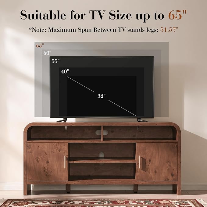 Entertainment Center for Living Room, Curved TV Stand with 3 Adjustable Shelves [FSC-Certified Wooden Board] Modern Media Console for TVs up to 65'', Farmhouse Storage Cabinet