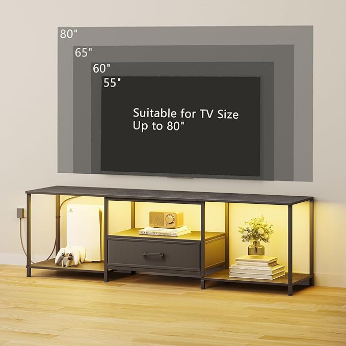 JARHETUN TV Stand with LED Lights, Entertainment Center with Open Shelves and Fabric Drawer, Media Console for 80 Inch TV, Television Stands for Living Room, Bedroom, Black