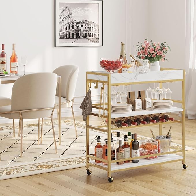 BON AUGURE Bar Cart for The Home, Rolling Home Bar Serving Cart on Wheels, 3 Tier Mobile Liquor Beverage Carts with Wine Rack and Glass Holder (Gold & Marbleized White)