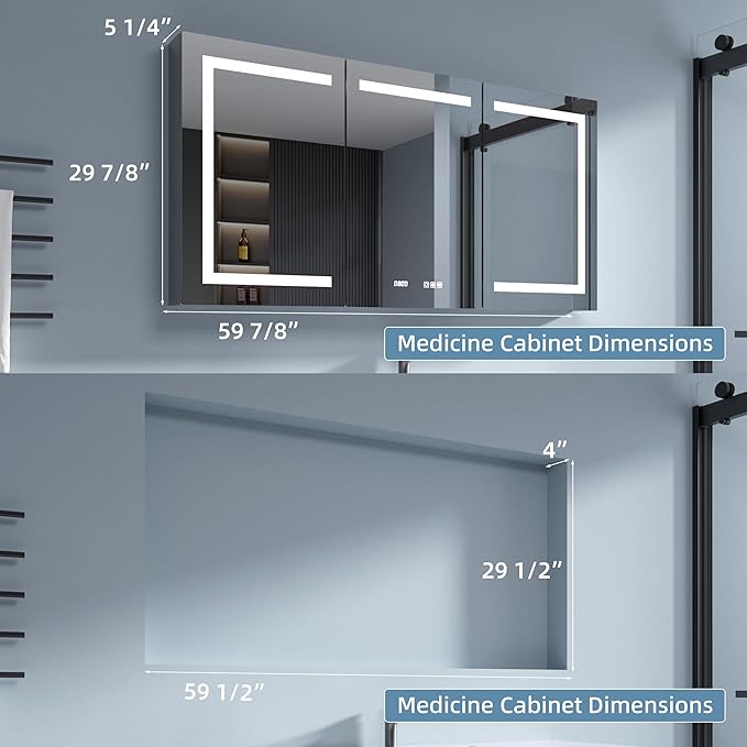 Medicine Cabinet with Lights with Mirror, 60 x 30 Inch Recessed/Surface Wall Mount LED Lighted Medicine Cabinets for Bathroom with Storage, 3 Colour Lights Dimmable Defog, Time/Temp Display
