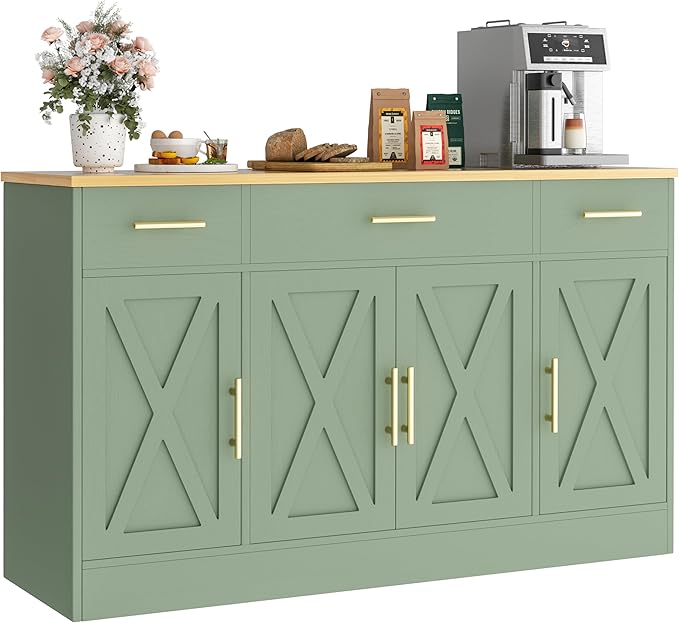 Vongrasig Buffet Cabinet with Storage, Farmhouse Coffee Bar Table with Drawers, 53” Large Modern Sideboard Buffet with Adjustable Shelves, Wood Buffet Table for Kitchen, Dining Room, Green