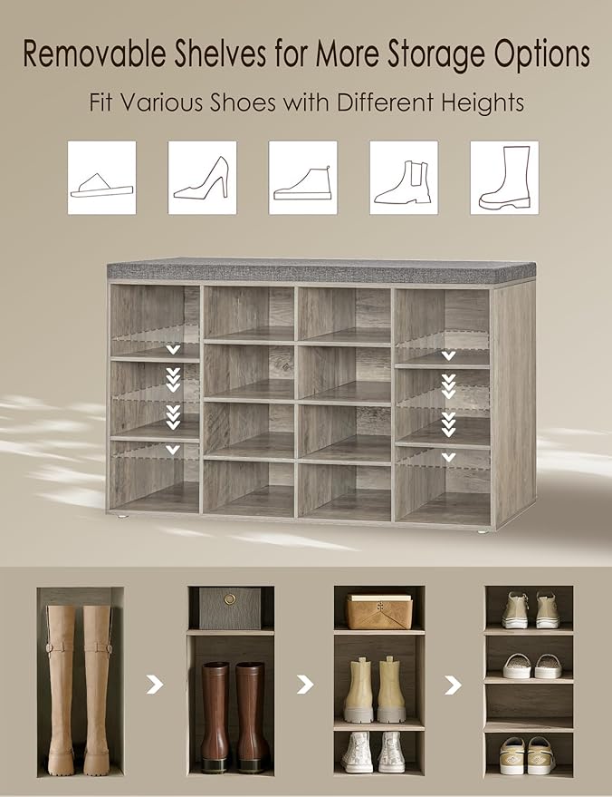 DINZI LVJ Shoe Storage Bench with Cushion, 14-Cubby Shoe Rack, Adjustable Shelves, Multifunctional Shoe Organizer Bench for Entryway, Mudroom, Hallway, Living Room, Bedroom and Garage, Gray Wash