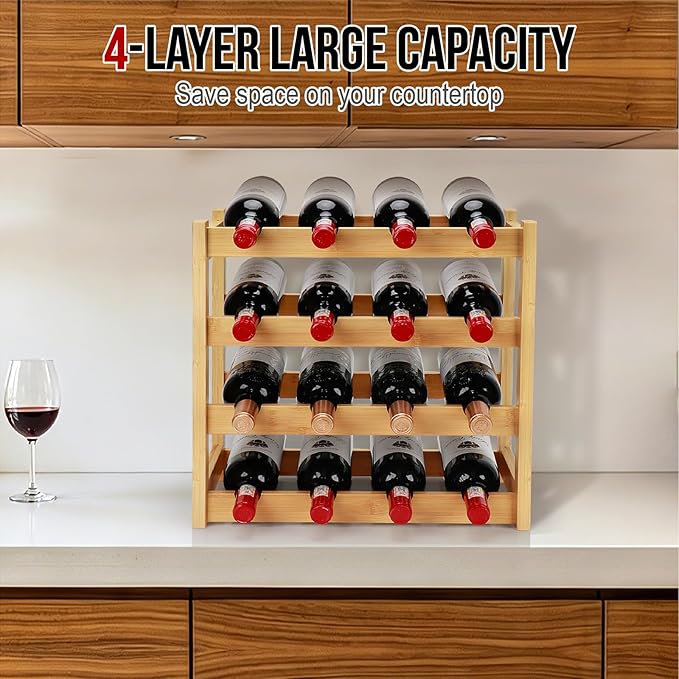 Bamboo Wine Rack, 4-Tier 16 Bottles Wine Storage Cabinet Shelf, Easy-Assembly Freestanding Bamboo Wine Racks Countertop for Kitchen Pantry Dining Room Bar, Natural
