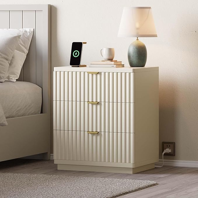Nightstand with Charging Station, Wood Night Stand with 3 Drawers Storage Bedside Table Large Fluted Bed Side End Table, Modern Nightstand for Bedroom Living Room (Beige)