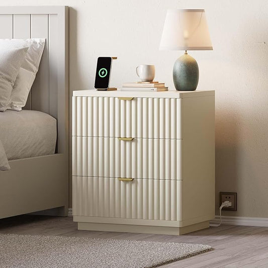 Nightstand with Charging Station, Wood Night Stand with 3 Drawers Storage Bedside Table Large Fluted Bed Side End Table, Modern Nightstand for Bedroom Living Room (Beige)