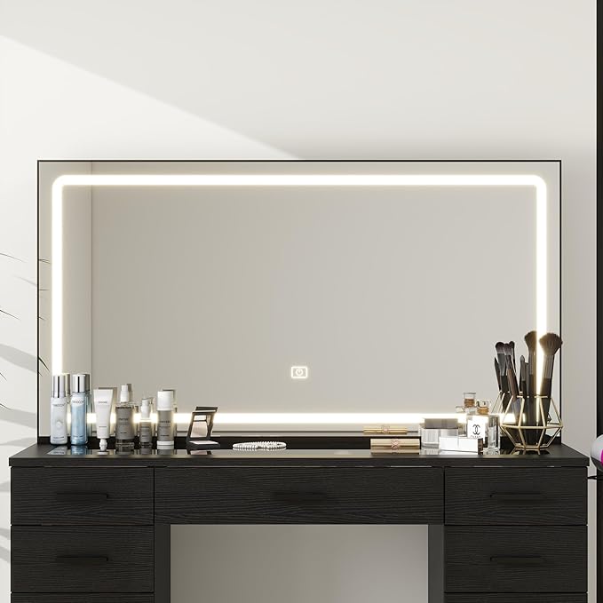 Panana Vanity Desk with 11 Drawers, Glass Top Makeup Table with Mirror and LED Lights Vanity with Stool 3 Lighting Modes Brightness Adjustable Dressing Table with Power Outlet (Black)