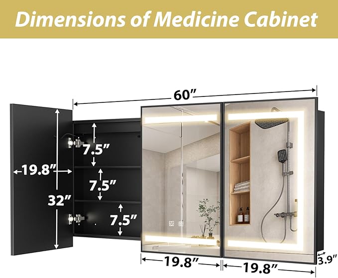 APRILSOUL 60x32 Inch Lighted Bathroom Medicine Cabinet with Mirror, Black Recessed or Surface Mount Medicine Cabinet Mirror with Storage and LED Lights, 3 Colors Temperature, Dimmable Light