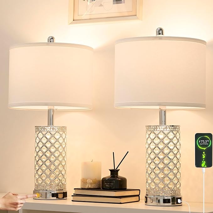 SAIWEYA Modern Crystal Table Lamp - 24in Silver Bedroom Lamps 3-Way Dimmable Touch Lamp with Night Light, 2 USB Ports + AC Outlet, Bedside Night Stand Lamp for Living Room Office (Silver- 1 Pack 24In)