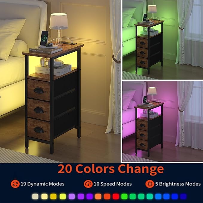 sthmec End Table with Charging Station,LED Side Tables with USB Ports and Outlets,Skinny Bedside Table with 3 Drawers,Small Nightstands for Small Space,Slim Sofa Table for Livingroom,Rustic Brown
