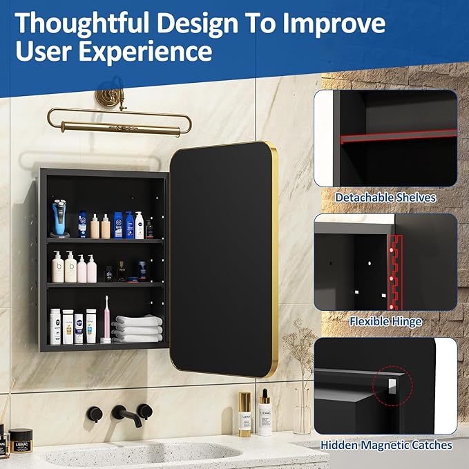 ACEMIRO 16x24 Inch Mirror Medicine Cabinet for Bathroom Gold Metal Frame Bathroom Medicine Cabinet with Mirror Recessed or Wall Mounted