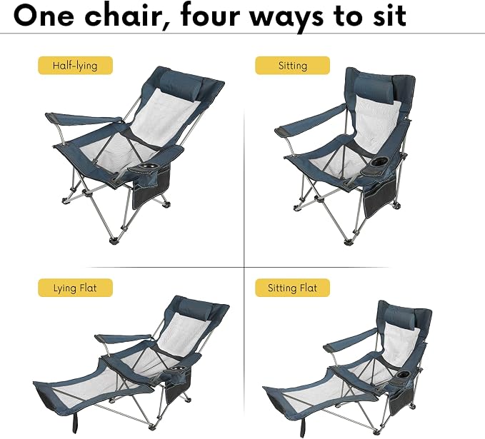 Portable Beach Mesh Lounge Chair Folding Reclining Camping Chair with Removable Footrest, Headrest, and Adjustable Backrest for Adults for Outdoor, Camping, Beach, Lawn