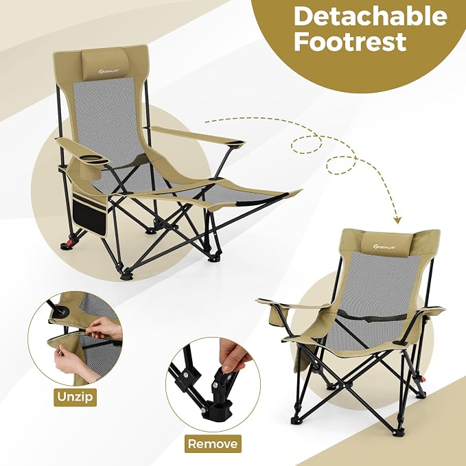Goplus Camping Lounge Chair w/Detachable Footrest, Folding Beach Chair w/4-position Backrest, Carrying Bag, Removable Pillow, Cup Holder, Storage Pouch, Reclining Chair, 330LBS Capacity (Green,2)