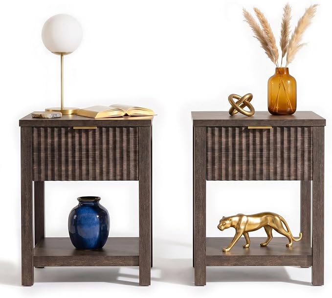 Fluted Night Stand with Golden Handle,Set of 2 Mid-Century Nightstands with Drawer,Bedside Table with Storage Shelf,Large Wood End Tables for Livingroom,Bed Side Tables for Bedroom,Walnut