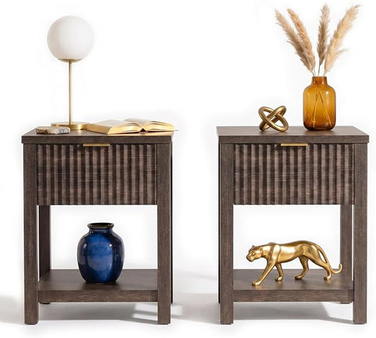 Fluted Night Stand with Golden Handle,Set of 2 Mid-Century Nightstands with Drawer,Bedside Table with Storage Shelf,Large Wood End Tables for Livingroom,Bed Side Tables for Bedroom,Walnut
