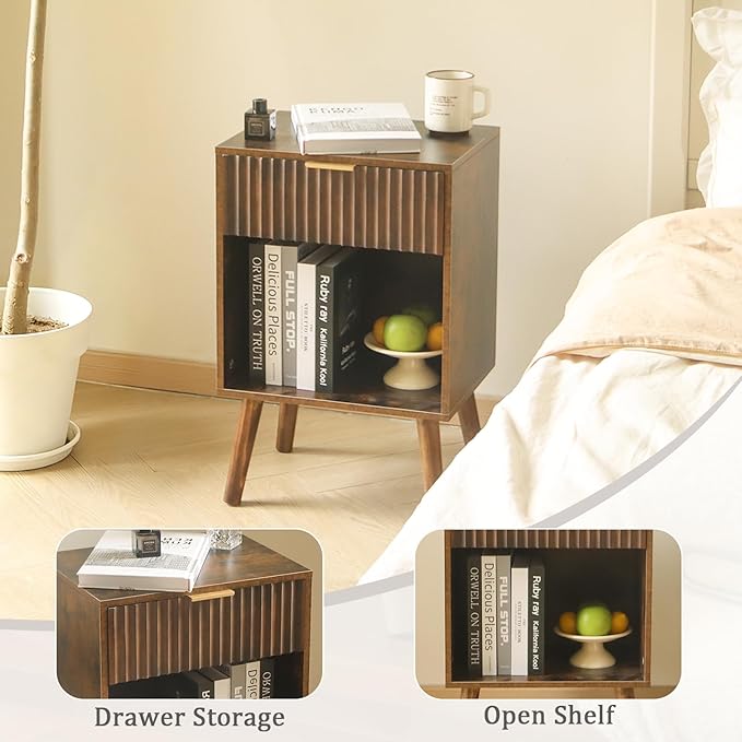 Fultyle Mid Century Modern Nightstand, Wood Bedside Table with Drawer and Opening Storage, End Table Living Room Fluted Night Stand with Solid Wood Legs for Bedroom (Rustic Brown)