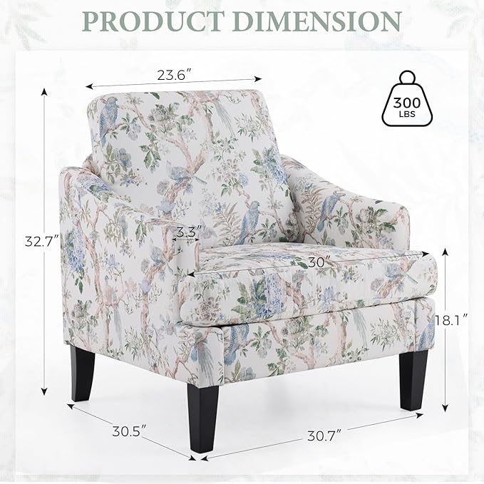 Bezseller Modern Accent Chairs Set of 2, Upholstered Reading Armchair with Wood Legs, Mid-Century Leisure Comfy Single Sofa Chair for Living Room, Bedroom, Home, Office, White Floral