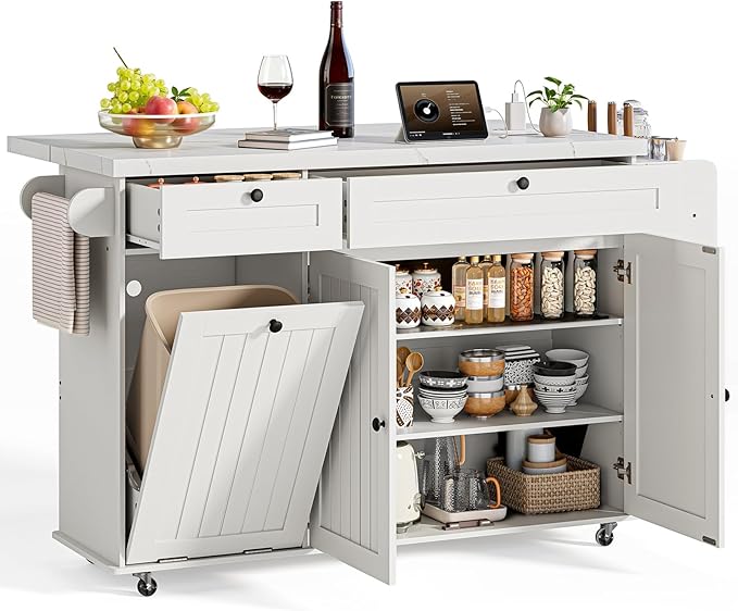 60" Kitchen Island with Power Outlet & Drop Leaf, Kitchen Rolling Island with Spice Rack & Towel Rack, Knife Holder, Kitchen Island Cart with Trash Storage Cabinet, Mobile Island Table for Kitchen
