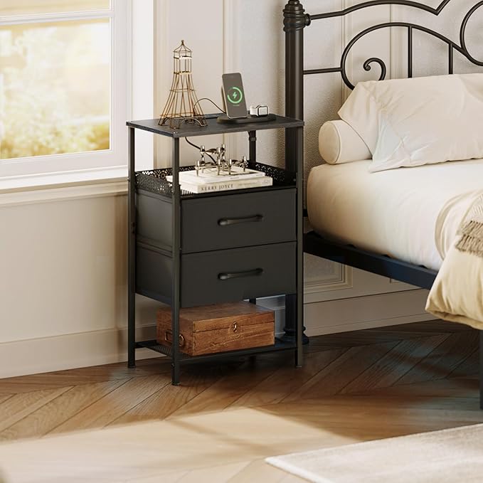 JARHETUN Nightstand Set of 2, Night Stands with Charging Station, 26.4 Inch Tall Bedside Table with Metal Shelf, Side Table with 2 Fabirc Drawers for Bedroom, Black