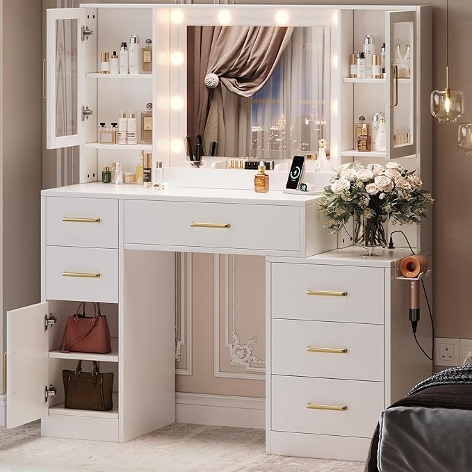 TOKSOM 51" Vanity Desk with Mirror and Lights & Charging Station, Bedroom Dressing Table, Large Vanity Set, 6 Drawers and 2 Cabinets, Makeup Vanity Table with Charging Station, Without Stool
