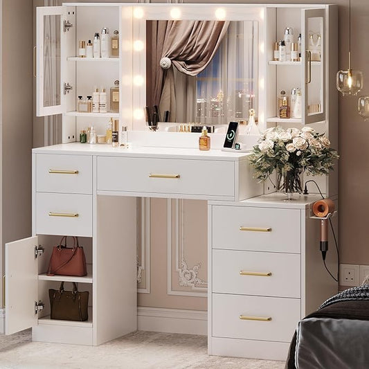 TOKSOM 51" Vanity Desk with Mirror and Lights & Charging Station, Bedroom Dressing Table, Large Vanity Set, 6 Drawers and 2 Cabinets, Makeup Vanity Table with Charging Station, Without Stool