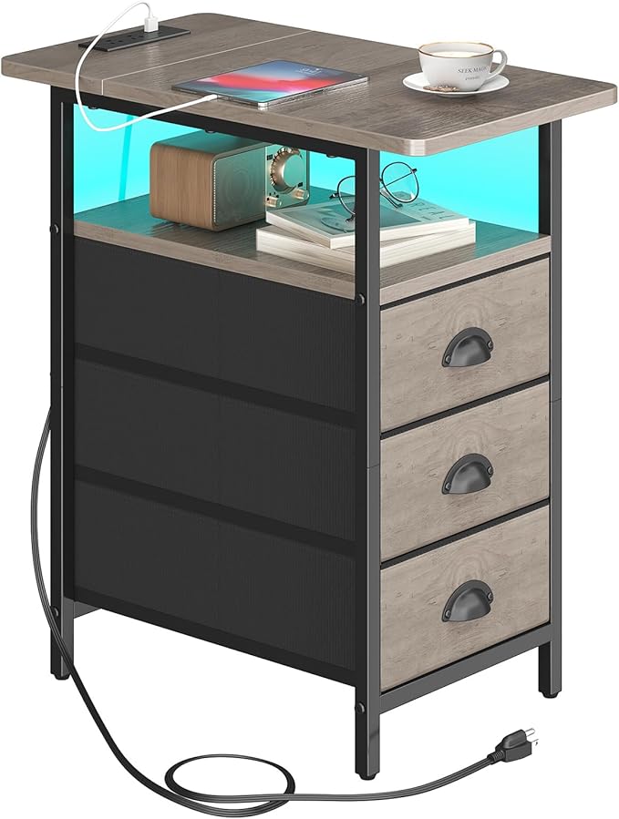 sthmec End Table with Charging Station,LED Side Tables with USB Ports and Outlets,Narrow Nightstands Bedside Tables with 3 Drawers for Small Space,Slim Sofa Table for Livingroom,Grey