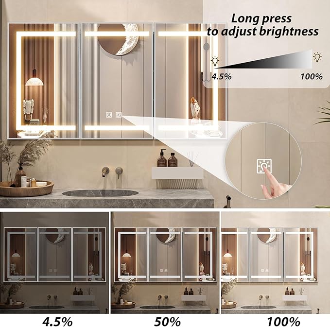 APRILSOUL 60x32 Inch Lighted Bathroom Medicine Cabinet with Mirror, Silver Recessed or Surface Mount Medicine Cabinet Mirror with Storage and LED Lights, 3 Colors Temperature, Dimmable Light