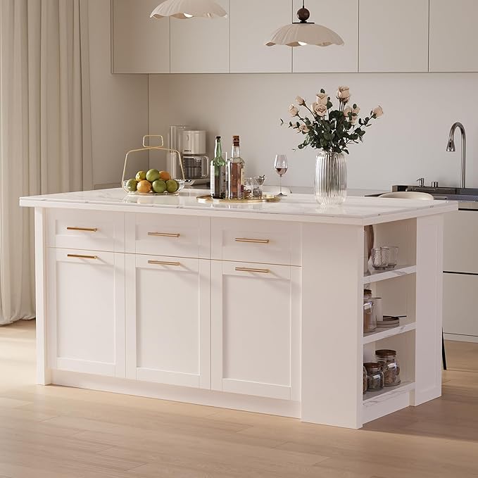 homary 72" Modern Kitchen Island with Storage, White Marble-Effect Engineered Wood Top, Modern Kitchen Table for Dining Room