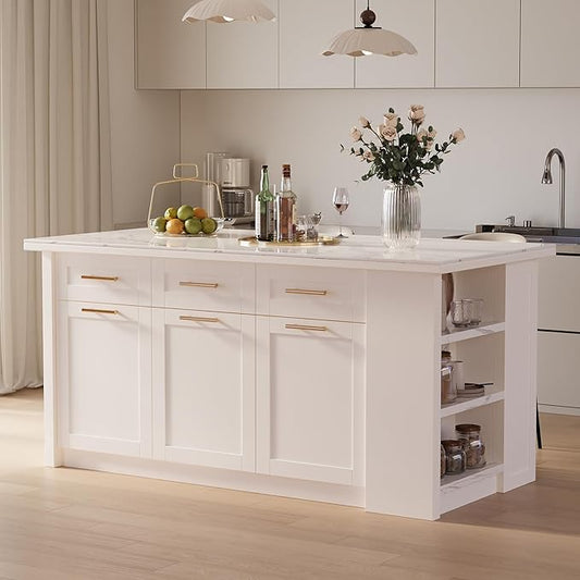 homary 72" Modern Kitchen Island with Storage, White Marble-Effect Engineered Wood Top, Modern Kitchen Table for Dining Room