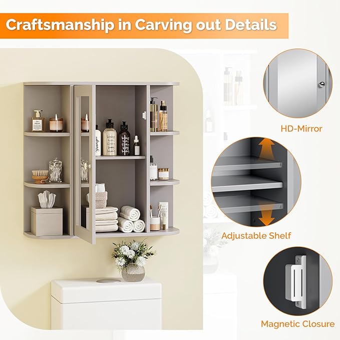 VINGLI Grey Mirror Medicine Cabinet Wall Mounted, Bathroom Storage Organizer Over Toilet with 6 Open Curved Shelves, Adjustable Vanity Cupboard with Single Door for Entryway & Living Room, Grey