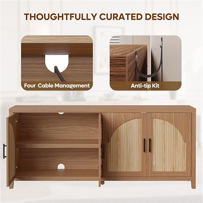Bestier 70" Sideboard Buffet Cabinet with Storage, Large Modern Storage Credenza with Arch Fluted Doors & Adjustable Shelves, Farmhouse Wood Coffee Bar for Living Room, Kitchen, Entryway, English Oak