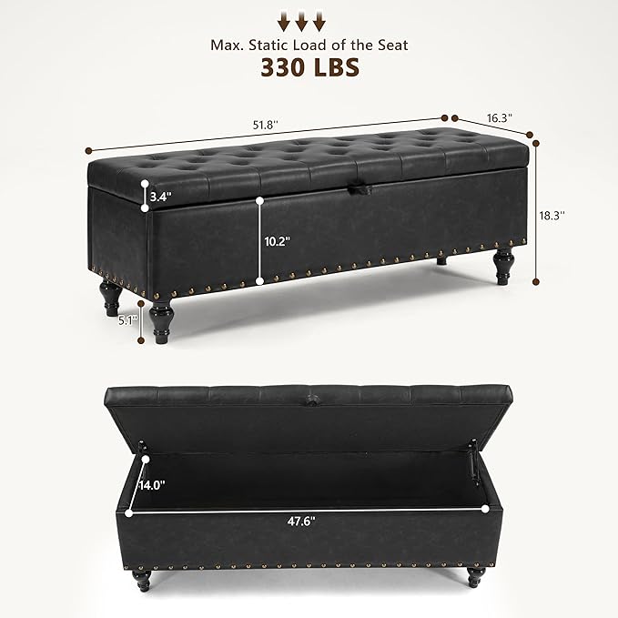 Mangodan 50" Storage Ottoman Bench, Tufted Ottoman with Storage for Living Room, Large End of Bed Ottomans, Modern Entryway Benchs, Window & Bedroom Benches for Foot of Bed (Black)
