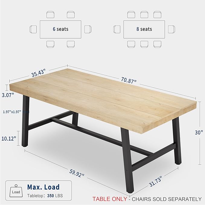 GarveeHome Industrial Dining Table for 6-8 People, 70.87" Long Large Kitchen Table with Sturdy Metal Frame, Rectangular Counter for Dinner, Kitchen, Dining Room (Natural, 71" Non-extendable)
