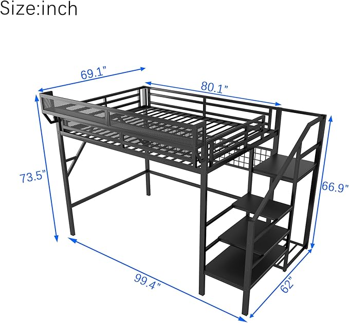 KEIKI Queen Size Metal Loft Bed Frame with Grid & Staircase & Built-in Storage Shelves & Wardrobe, Loft Bed with Solid Slats & Guardrail, No Box Spring Required, Easy Assembly, for Bedroom, Black