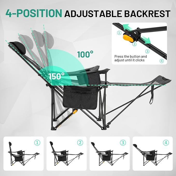 Overmont Reclining Camping Chair with Footrest - 4-Position Adjustable Backrest Lightweight Folding Lounge Chair for Adults with Pillow Carry Bag - Support 300LBS Portable for Outdoor Beach Lawn Patio