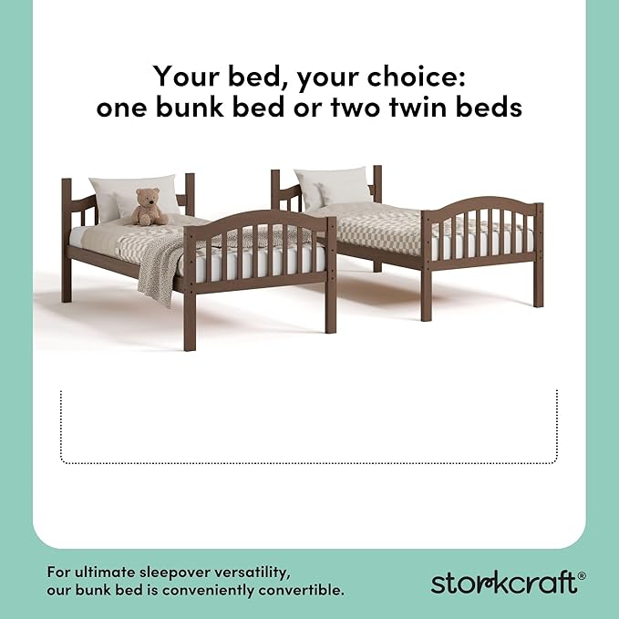 Storkcraft Long Horn Twin-Over-Twin Bunk Bed (Hazelnut) - GREENGUARD Gold Certified, Converts to Two Twin Beds, Wood Bunk Bed for Kids Bedroom